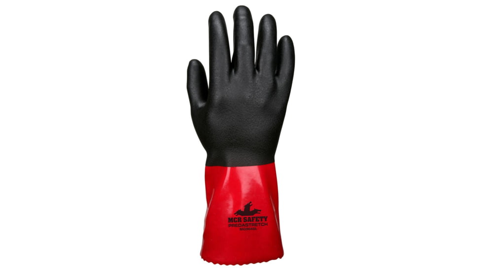 MCR Safety PredaStretch Work Gloves, 18 Gauge Seamless Nylon Shell, Full PVC Nitrile Coating with Sandy Finish, 12in Gauntlet Cuff, Red and Black, Small, MG9648S