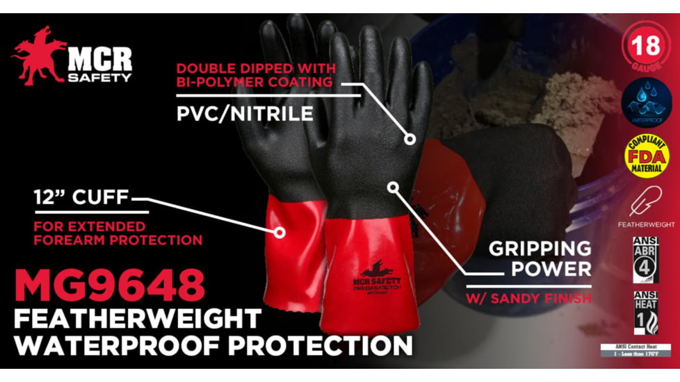 MCR Safety PredaStretch Work Gloves, 18 Gauge Seamless Nylon Shell, Full PVC Nitrile Coating with Sandy Finish, 12in Gauntlet Cuff, Red and Black, Small, MG9648S
