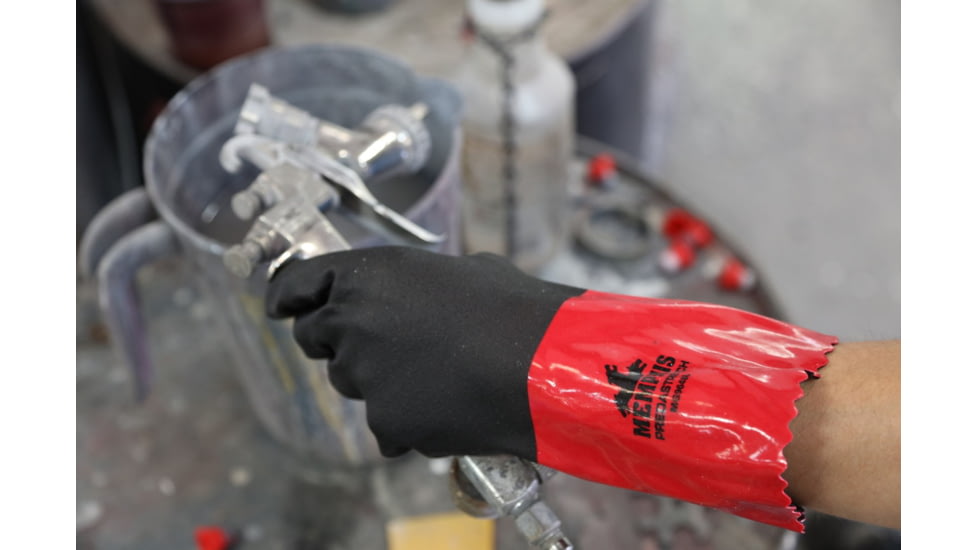 MCR Safety PredaStretch Work Gloves, 18 Gauge Seamless Nylon Shell, Full PVC Nitrile Coating with Sandy Finish, 12in Gauntlet Cuff, Red and Black, Small, MG9648S