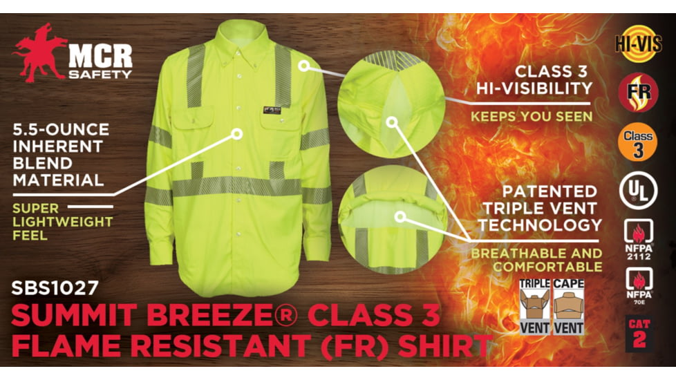 MCR Safety Summit Breeze Class 3 Flame Resistant Shirt, 5.5oz Inherent Blend, Long Sleeve with Vented Underarms and Back, CAT 2, Fluorescent Lime, S, SBS1027S