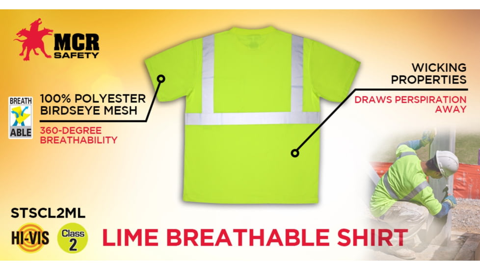 MCR Safety STSCL2MLM Hi Vis Safety Work T-Shirts, Soft Poly Birdseye Mesh, Short Sleeve and Tagless Design, ANSI 107 Type R Class 2, Fluorescent Lime, M, STSCL2MLM