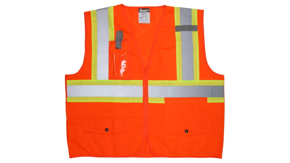 MCR Safety SURVCS2POM Hi Vis Reflective Safety Vest, ANSI Type R Class 2, 4in Silver Stripes, Zipper Front Closure, Fluorescent Orange, M, SURVCS2POM