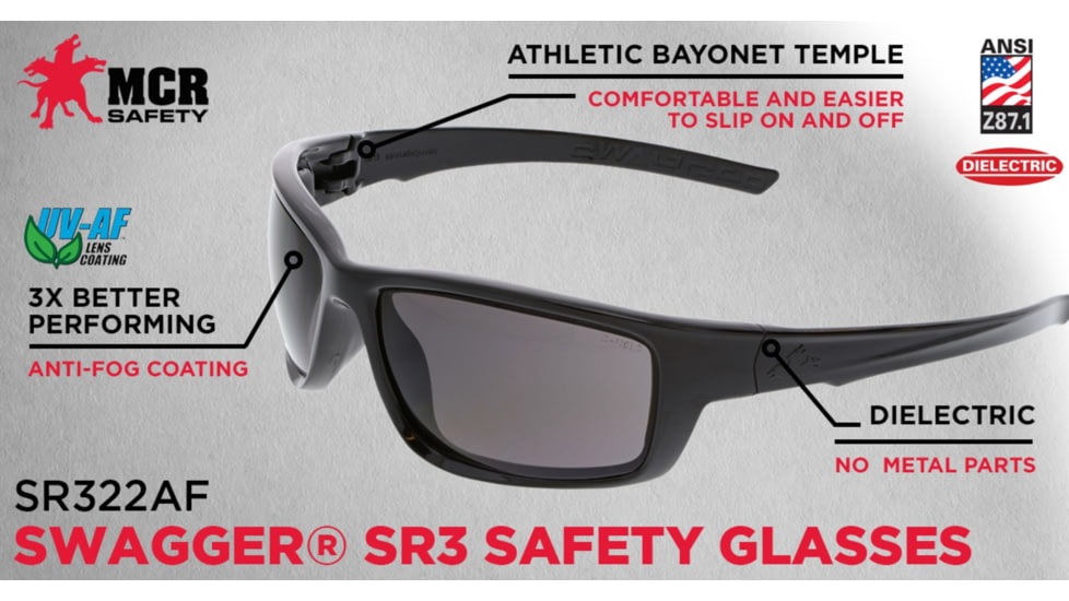 MCR Safety Swagger SR3 Safety Glasses, UV-AF Anti-Fog Lenses, Gray, One Size, SR322AF