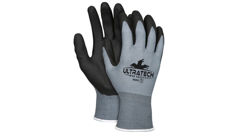 MCR Safety UltraTech Work Gloves, 15 Gauge Nylon Shell, HPT Palm and Fingertips, Black/Gray, Large, 9699L