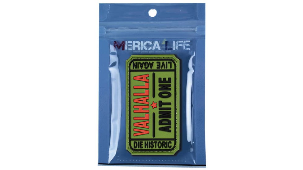 Merica Life Valhalla Admit One, Die Histroric, Live Again PVC Patch, Green, 3 x 1.6, VAL-OGGRN