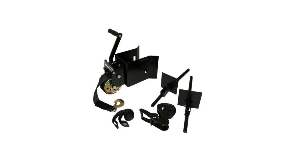 Muddy Ladderstand Installation Hoist, includes 1-25in Heavy Duty Winch Strap, Nylon Tether Strap, 1-1.5in Ratchet Strap, 2-Ladder Ground Spikes, Black MIT-LS02