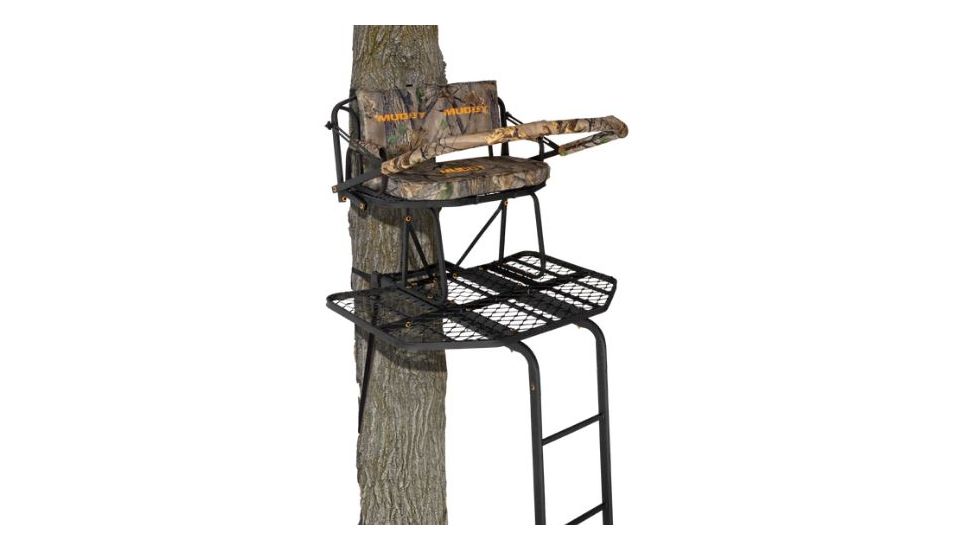 Muddy Prestige 2-Man Ladderstand,  Ratchet Strap, Stabilizer Straps, 2-Full Body Arrest Harnesses, Adjustable Support Bar, Padded, Adjustable, Flip-Back Shooting Rail, Black/Camo MLS2700