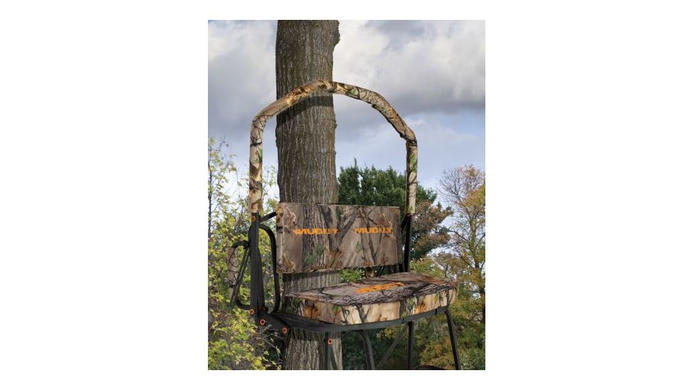 Muddy Prestige 2-Man Ladderstand,  Ratchet Strap, Stabilizer Straps, 2-Full Body Arrest Harnesses, Adjustable Support Bar, Padded, Adjustable, Flip-Back Shooting Rail, Black/Camo MLS2700
