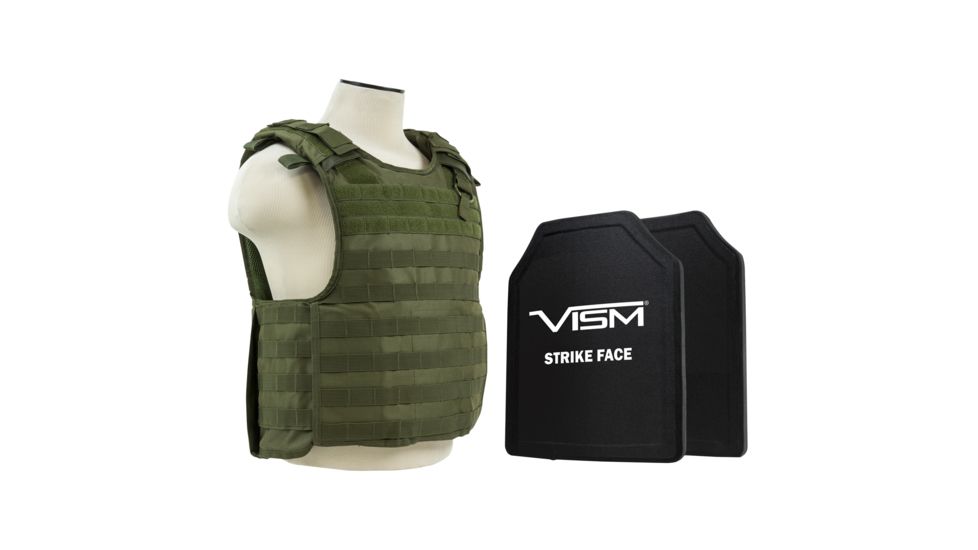NcSTAR Quick Release Carrier Vest w/Two 11x14in Shooters Cut Hard PE Ballistic Panels, Green, Medium - 2XL, BPLCVPCVQR2964G-A