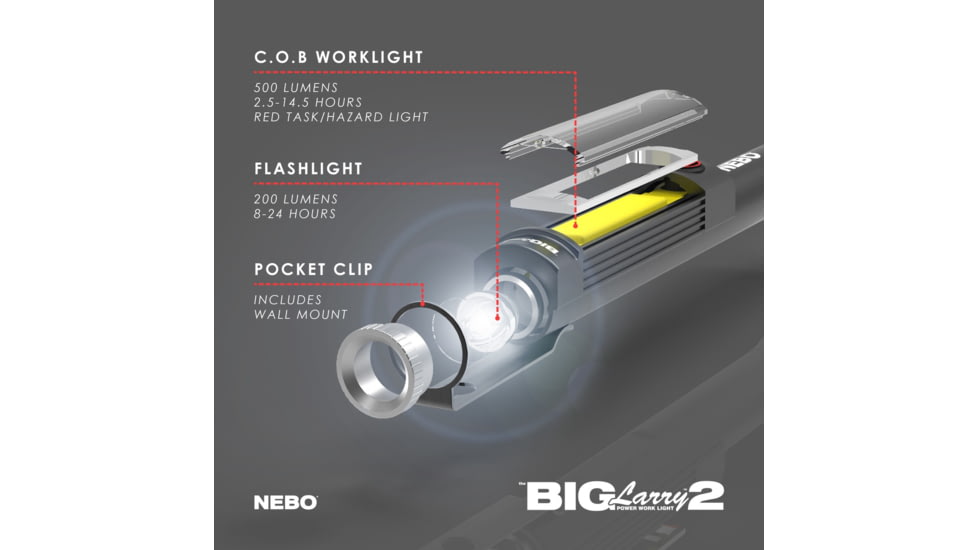 Nebo Big Larry 2 COB LED Flashlight, AA, White/Red COB, 500 Lumens, Gray, NEB-WLT-0001