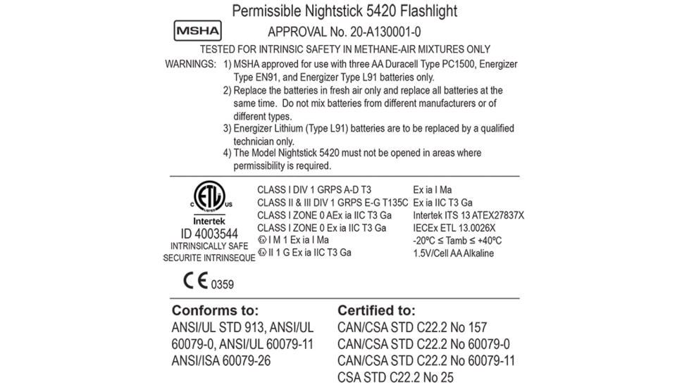 Nightstick Intrinsically Safe Permissible 3AA Flashlight,140 Lumens,Black XPP-5420B