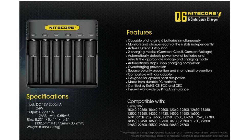 Nitecore Battery Charger, IMR/ Li-ion, 6 Channels, 2000 mA Max Charge Current, Black, Q6