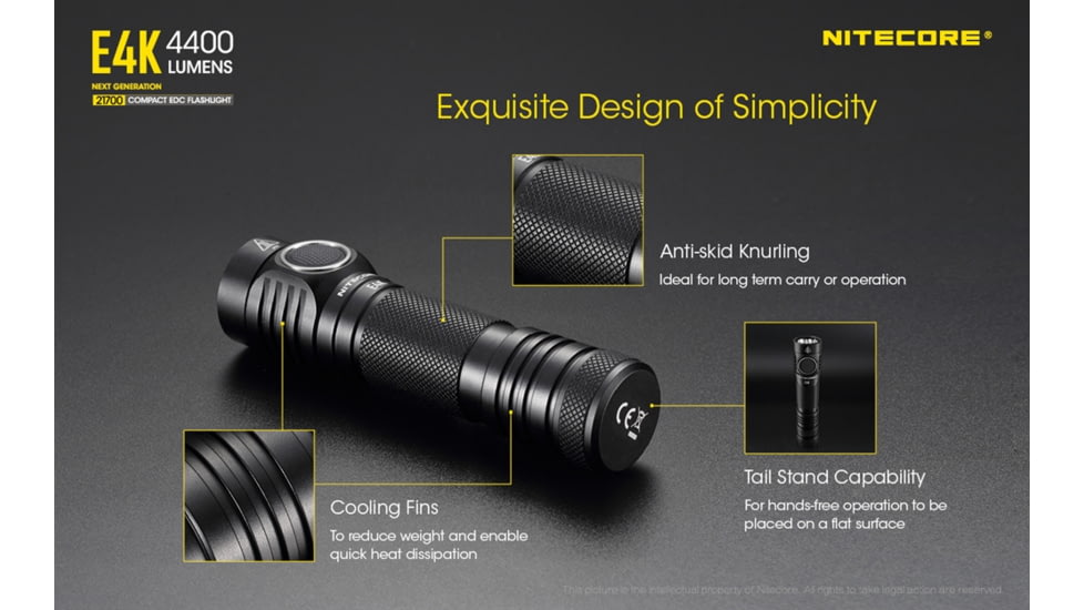 Nitecore E4K EDC Flashlight with USB-C Rechargeable Battery, Black, 6952506405657