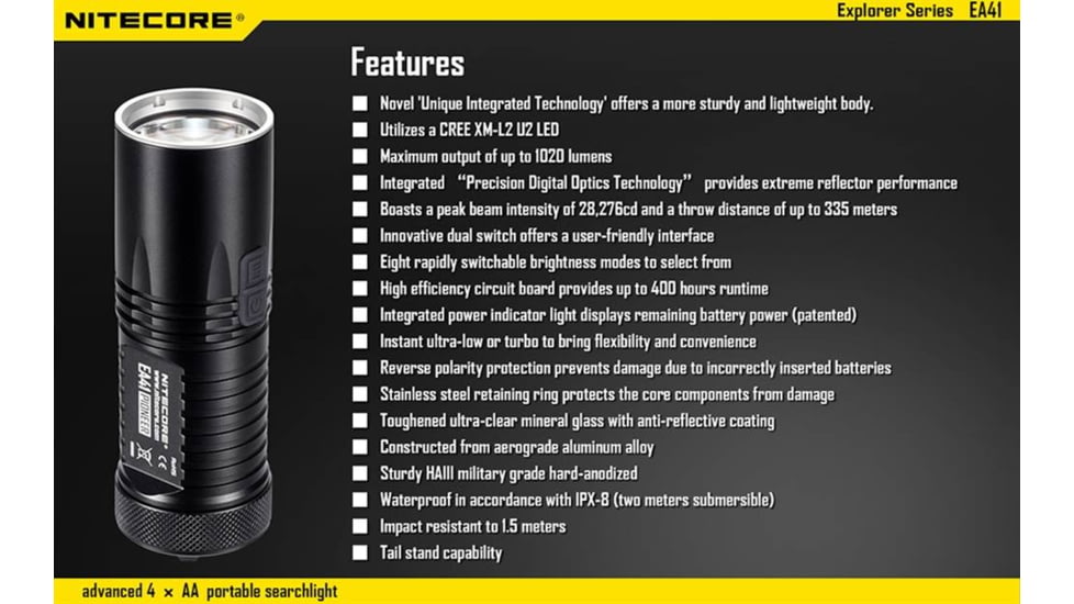 Nitecore EA41 Explorer Series 1020 Lumen Pocket Search Flashlight, Black, 6952506401321