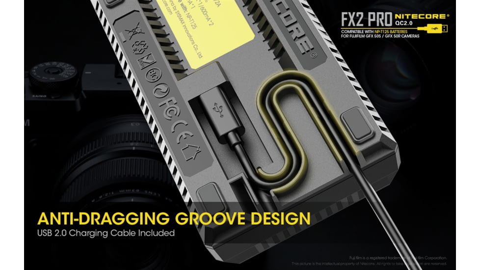 Nitecore FX2 PRO Dual Slot USB Digital Charger for Fujifilm NP-T125 Camera Batteries, Black, 6952506492893