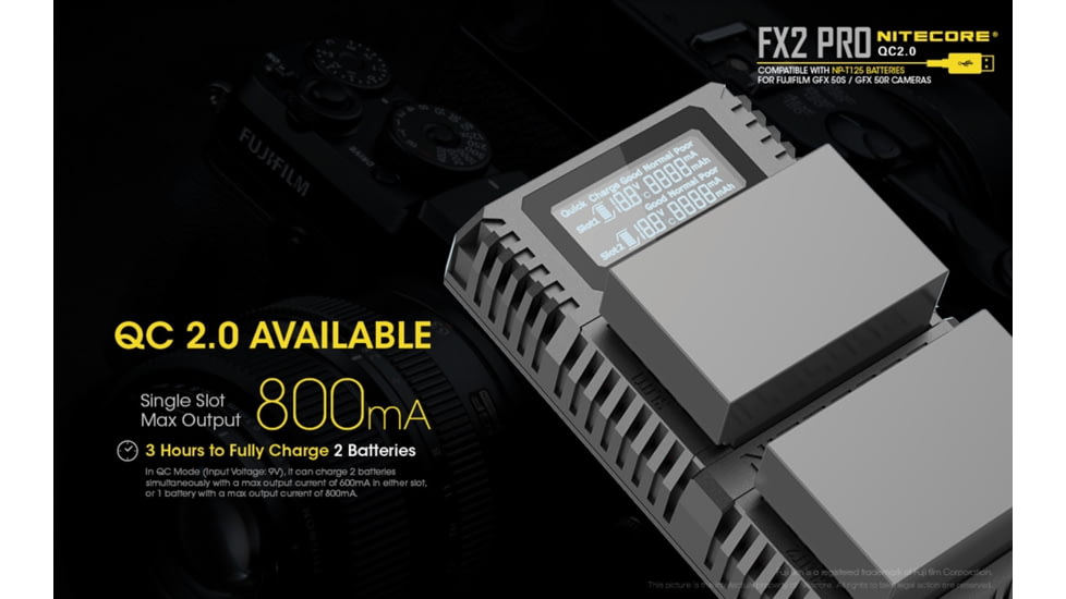 Nitecore FX2 PRO Dual Slot USB Digital Charger for Fujifilm NP-T125 Camera Batteries, Black, 6952506492893
