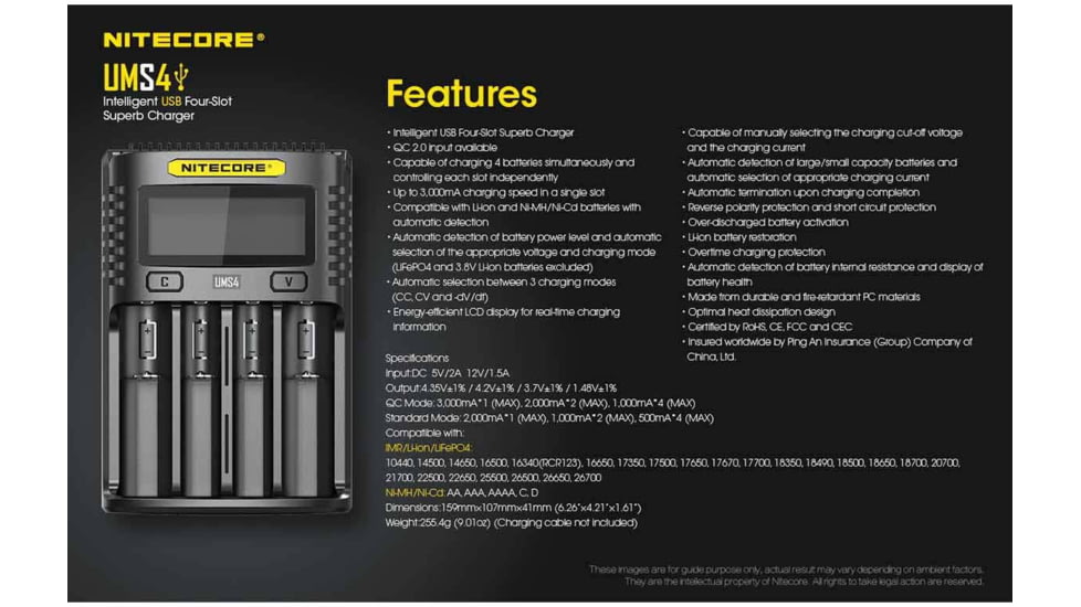 Nitecore Intelligent USB Superb Battery Charger, IMR/Li-ion/LiFePO4/NI-Cd/Ni-MH, Quad Channel, 4000 mA max Charge Current, Black, UMS4