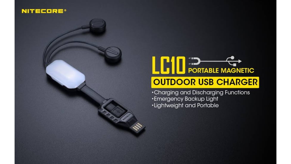 Nitecore LC10 Portable Multi-Function USB Charger for 18650 Batteries, Cell Phones with Backup Flashlight, Black, 6952506492572