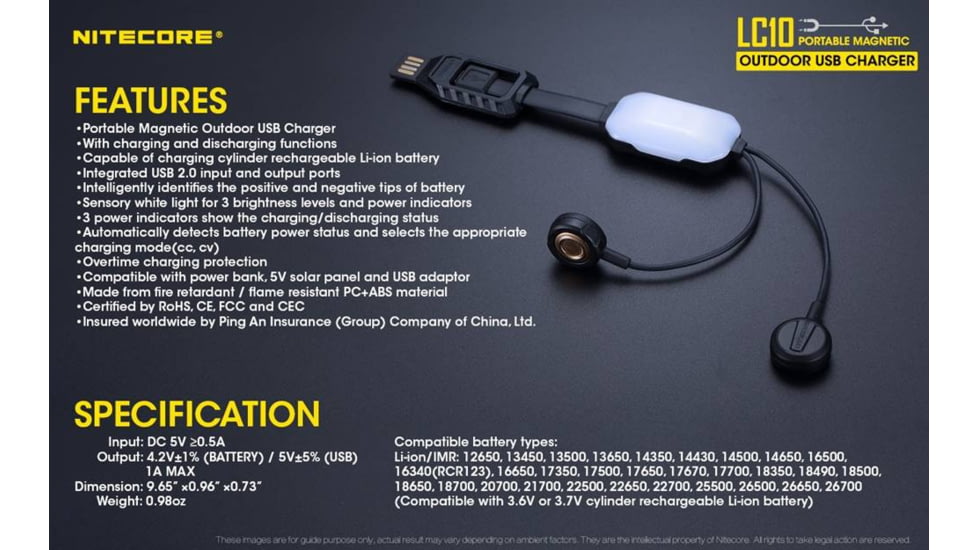 Nitecore LC10 Portable Multi-Function USB Charger for 18650 Batteries, Cell Phones with Backup Flashlight, Black, 6952506492572
