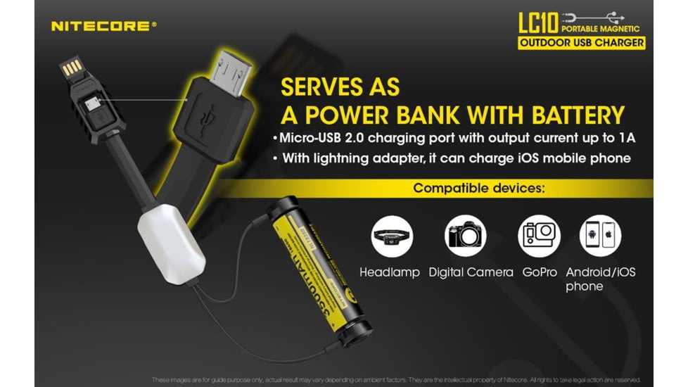 Nitecore LC10 Portable Multi-Function USB Charger for 18650 Batteries, Cell Phones with Backup Flashlight, Black, 6952506492572