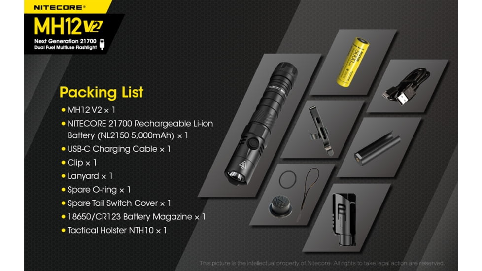 Nitecore MH12 v2 1200 Lumen USB-C Rechargeable Flashlight with 5000mAh Battery, Black, 6952506405985