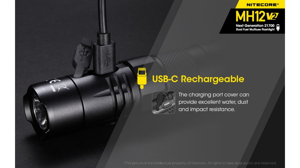 Nitecore MH12 v2 1200 Lumen USB-C Rechargeable Flashlight with 5000mAh Battery, Black, 6952506405985