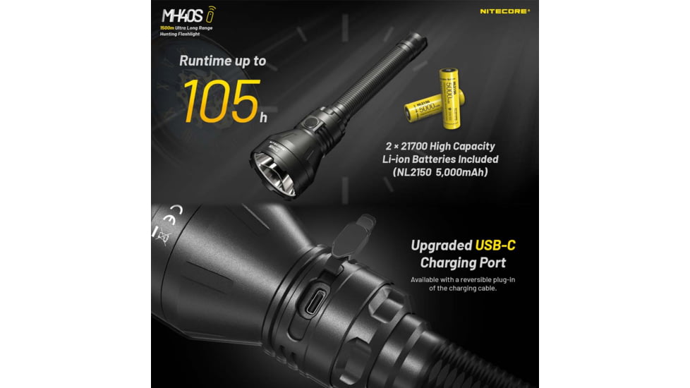Nitecore MH40S Luminengin G9 LED Long Throw Rechargeable Flashlight, 21700, White, 1500 Lumens, Black, 6952506407347