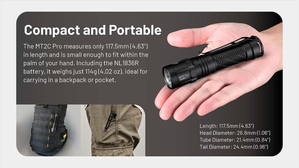 Nitecore MT2C Pro 1800 Lumen Rechargeable EDC Flashlight, Black, MT2CPRO
