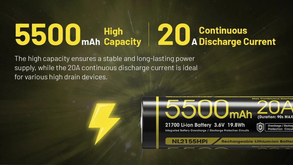 Nitecore NL2155HPi 5500mAh Rechargeable 21700 Battery for i Series