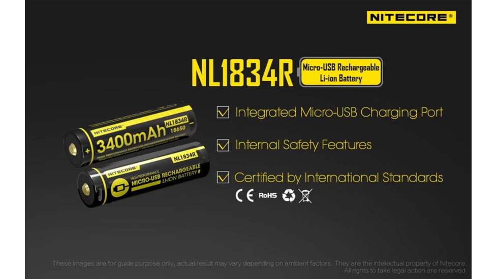 Nitecore NL1834R 3400mAh USB Rechargeable 18650 Battery, Yellow, 6952506492305