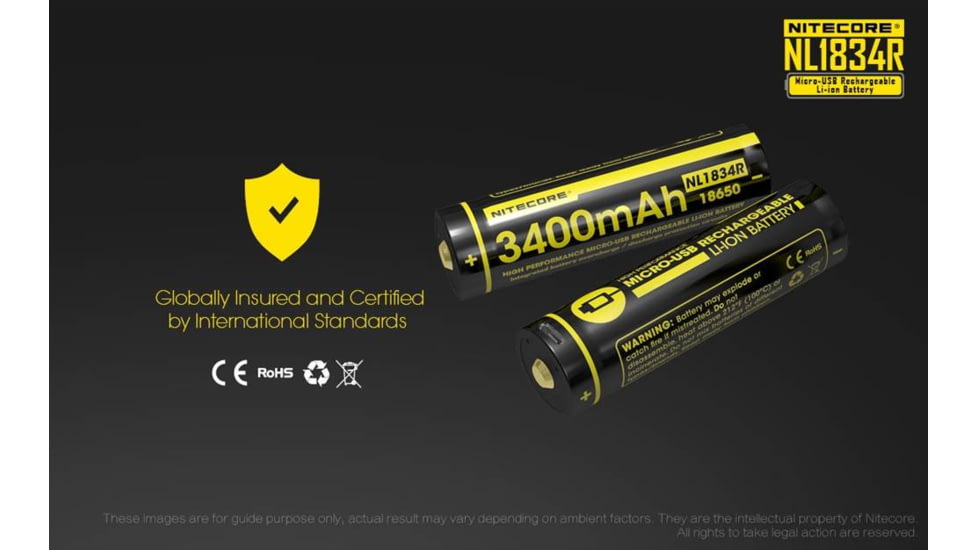 Nitecore NL1834R 3400mAh USB Rechargeable 18650 Battery, Yellow, 6952506492305