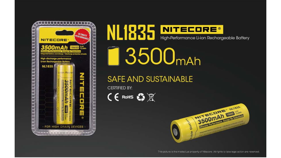Nitecore NL1835 3500mAh Rechargeable 18650 Battery, Yellow, 6952506491469