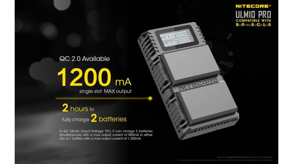 Nitecore ULM10 Pro Digital QuickCharge 2.0 USB Battery Charger for Leica BP-SCL5 Batteries, Black, 6952506492725