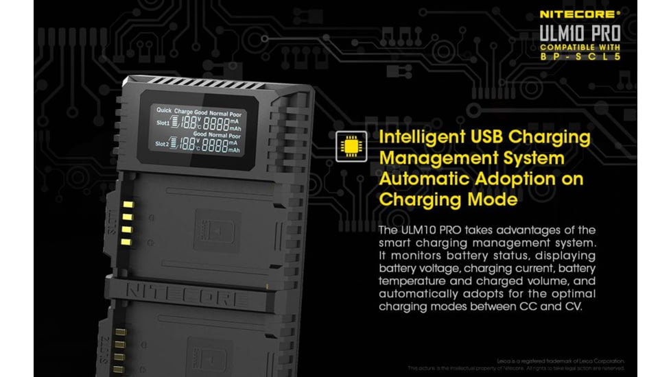 Nitecore ULM10 Pro Digital QuickCharge 2.0 USB Battery Charger for Leica BP-SCL5 Batteries, Black, 6952506492725