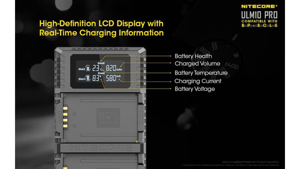 Nitecore ULM10 Pro Digital QuickCharge 2.0 USB Battery Charger for Leica BP-SCL5 Batteries, Black, 6952506492725