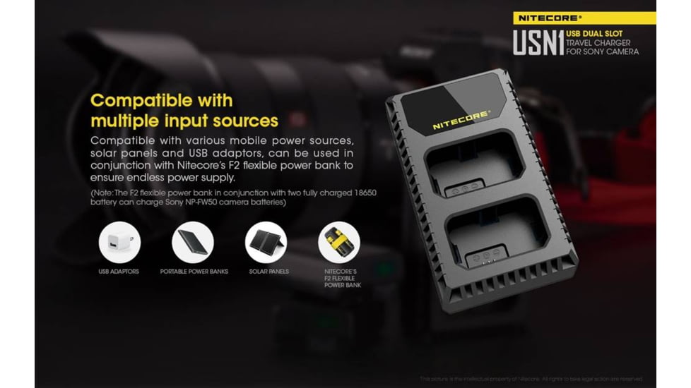 Nitecore USN1 Sony Camera Battery Charger for NP-FW50 Batteries, Black, 6952506492374