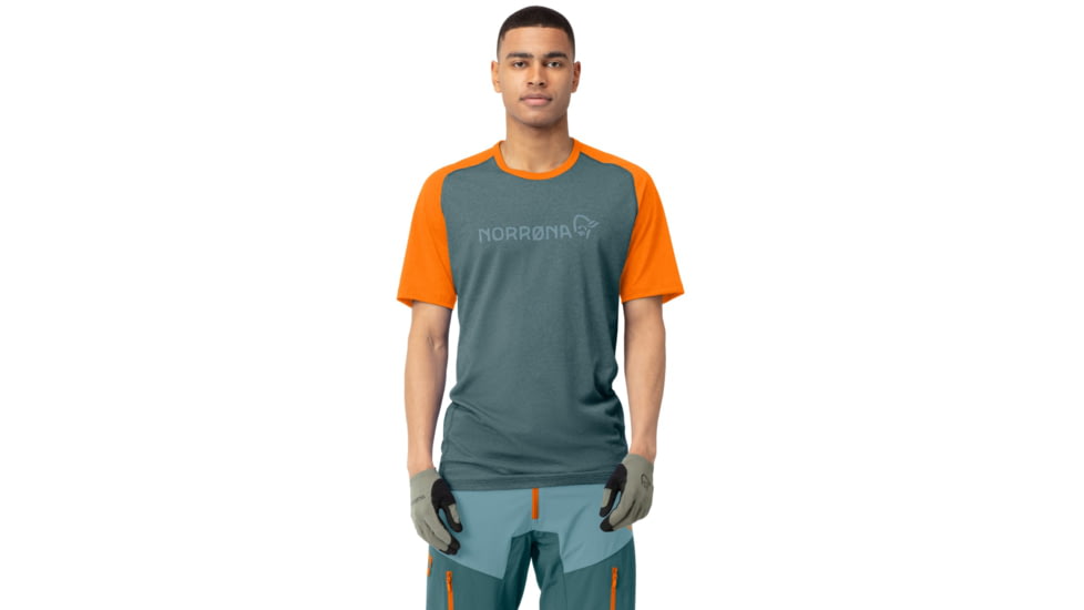 Norrona Fjora Equaliser Lightweight T-Shirt - Mens, North Atlantic/Orange Popsicle, Large, 7042698471840