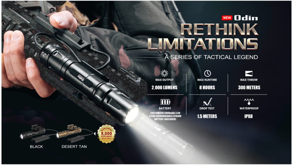 Olight Odin Rechargeable LED Flashlight, Natural White, 2000 Lumens, Black, FL-OL-ODIN-BK