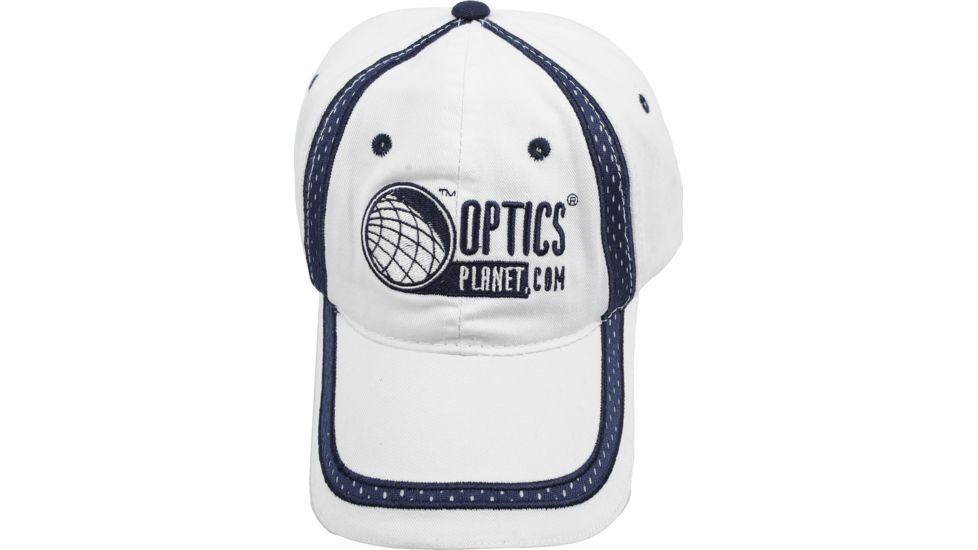 OpticsPlanet Hat Front View, White with Blue Details