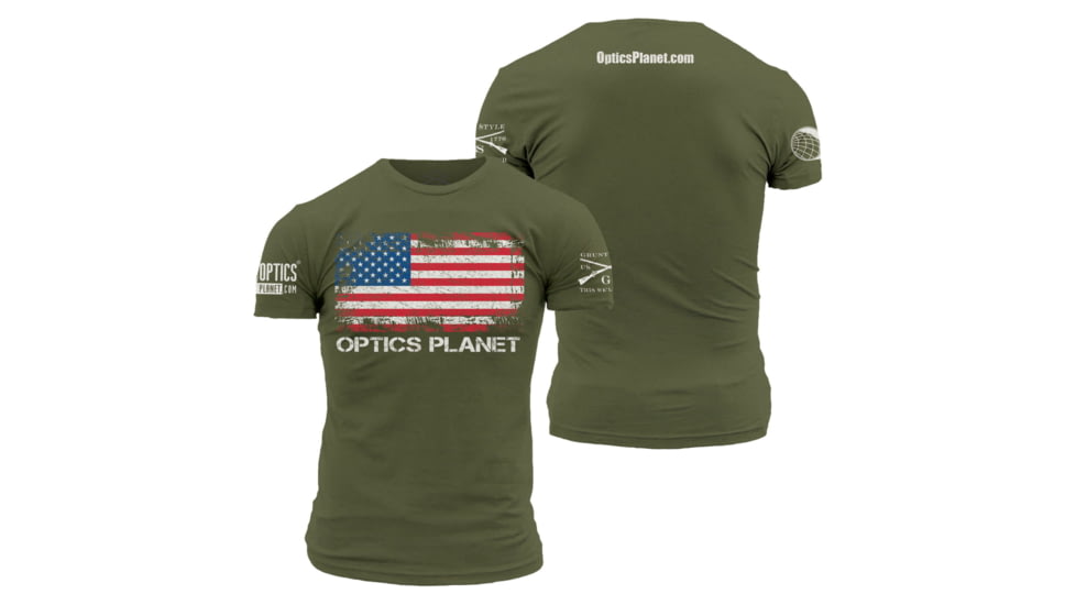 OpticsPlanet Exclusive Grunt Style American Flag T-Shirt Mens, Military Green, Extra Large, 3001-Military Green-XL