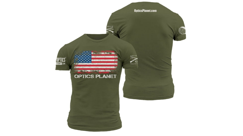OpticsPlanet Exclusive Grunt Style American Flag T-Shirt Mens, Military Green, Small, 3001-Military Green-S