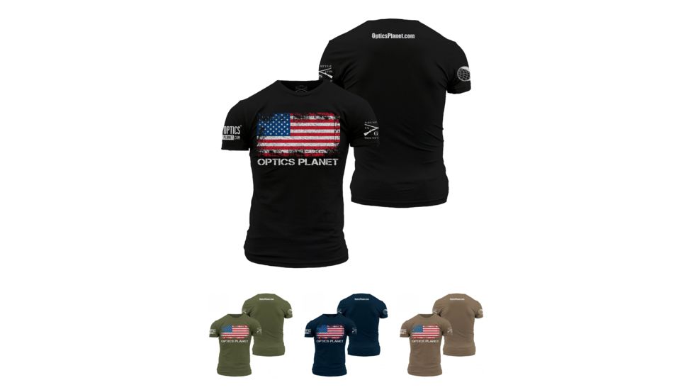 OpticsPlanet Men's Exclusive Grunt Style American Flag T-Shirt, Black, Military Green, Navy, Tan