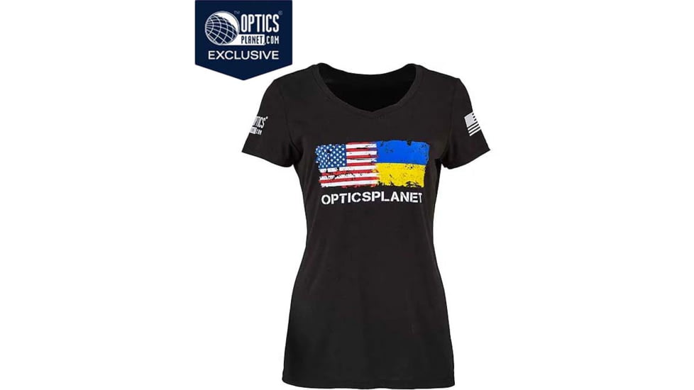 OpticsPlanet Ukraine/US Flag Short Sleeve T-Shirt - Womens, Small, Black, OP-UKRAINE-US-T-Shirt-Black-Small-Womens-Black-Small-Womens