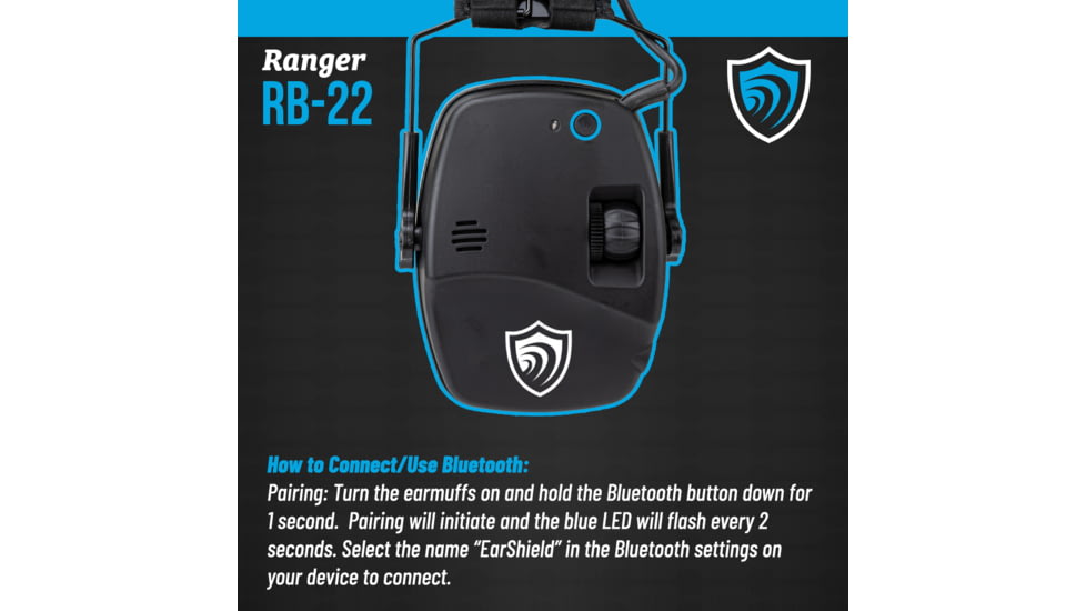 Otis Technology EarShield Ranger Bluetooth Earmuffs, 22dB, Black, 22dB NRR, FG-ES22B-BK
