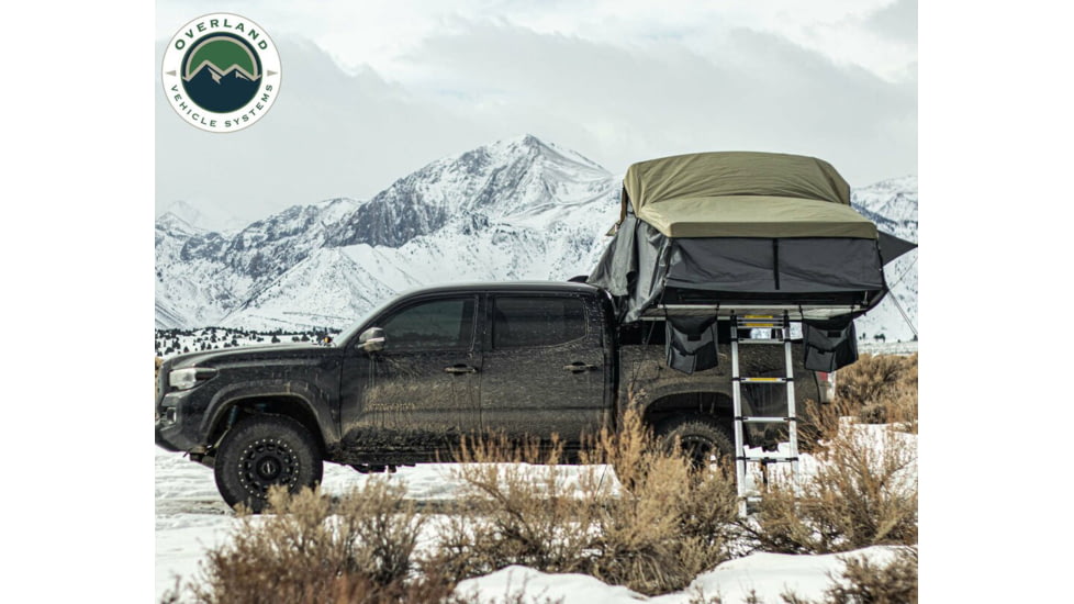 Overland Vehicle Systems Nomadic Extended Roof Top Tent w/ Green Rain Fly and Black Cover - 3+ Person, 4 Season, Dark Gray/Green, 18139936