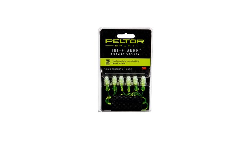 Peltor Sport Tri-Flange Corded Reusable Earplugs, 3PairPack Neon Yellow 97317-10C