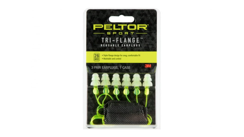 PELTOR Sport Tri-Flange Corded Reusable Earplugs Neon Yellow 3 pair/pk, 97317-7DC