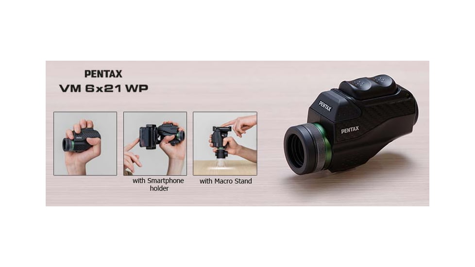Pentax VM 6 X 21mm WP Premium Monocular Kit w/Smartphone and Micro Adapters, Black, Medium, 63621