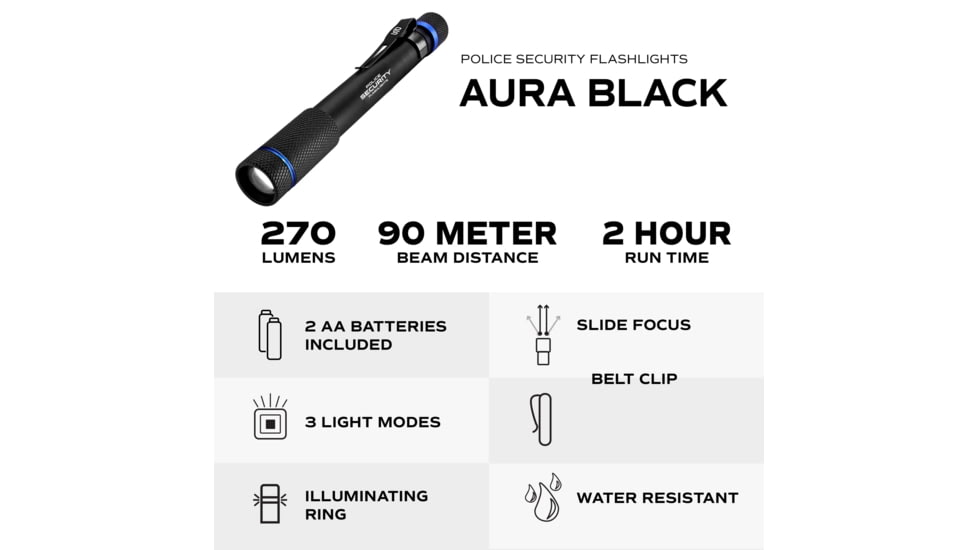 Police Security Flashlights Psf Aura Flashlight White 270 Lum 2aaa Batteries 3 Modes