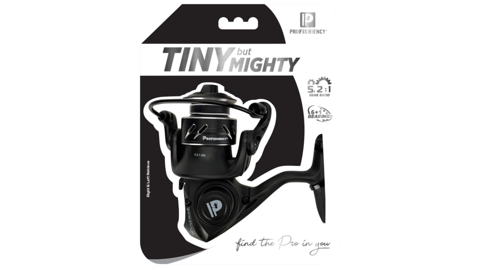 ProFISHiency Tiny Spinning Reel w/Clam Pack, 5.2-1, 6+1, Right/Left Hand, Black, TINYSPINBLK-C